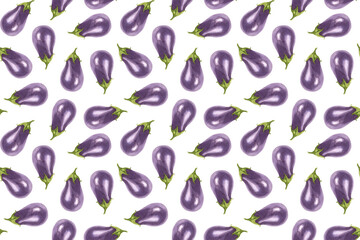 Artistic seamless texture of watercolor eggplants with detailed botanical sketches for culinary, paper, or fall festival use