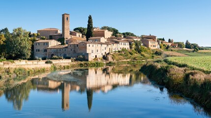 Fototapeta premium A serene village with historic buildings and a tall bell tower is reflected in the calm river, surrounded by lush greenery under a clear blue sky.