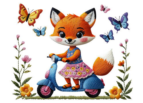 Cute fox girl riding a scooter surrounded by butterflies and flowers . cute embroidery for dtf printing 