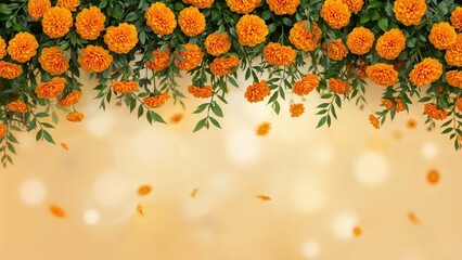 Colorful marigold flower garlands as a backdrop