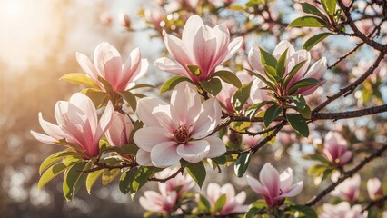 Fototapeta premium A magnolia shoot showcasing pretty pink petals and verdant leaves under a clear spring sky