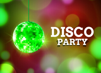 Green disco party design with hanging mirror ball and glowing colorful bokeh lights for dance celebration or club night invitation
