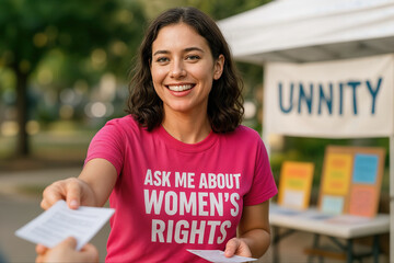 Womens Rights Advocate Smiling and Distributing Flyers at Outdoor Community Event Promoting Awareness and Unity