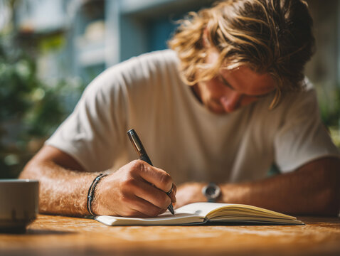 Man journaling thoughts in mental health diary