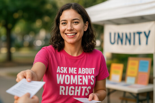 Womens Rights Advocate Smiling and Distributing Flyers at Outdoor Community Event Promoting Awareness and Unity