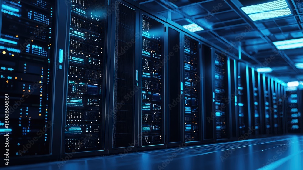 Poster advanced data center with illuminated server racks and sleek blue lighting, ideal for cloud computin