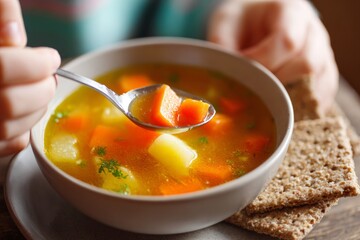 Bowl of homemade vegetable soup warmly lit on a table, as a child eagerly holds a spoon with vibrant vegetables, accompanied by whole grain crackers for a nutritious meal
