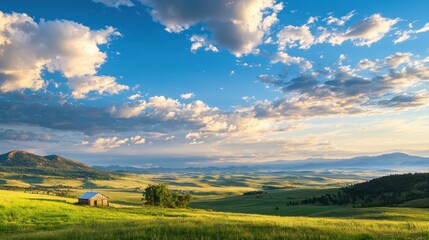 Obraz premium A vast countryside landscape with rolling green hills, scattered trees, a small cabin, and a dramatic sky filled with fluffy clouds during sunset.