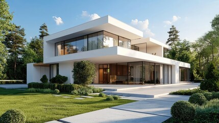 Fototapeta premium Contemporary white two-story house with large windows and lush green yard in sunny weather, perfect for real estate, architecture portfolios, or modern home design concepts