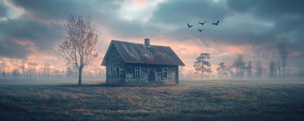 A solitary wooden cabin stands in a misty field at dawn, surrounded by bare trees and flying birds under a soft, cloudy sky.