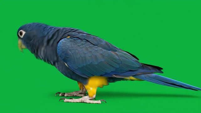A blue and yellow parrot stands out against a vibrant green backdrop