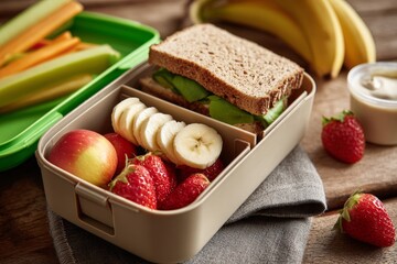 Lunchbox displays a variety of healthy foods including fresh fruits, vegetable sticks, a whole-grain sandwich, and yogurt. Perfect for a childs midday meal
