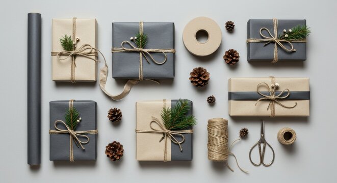 Arrangement of wrapped gifts with pinecones and twine