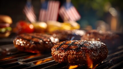 Grilled burger patties on a grill with american flags in the background.
