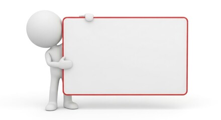 A small white figure holding a large blank rectangular sign with red trim.