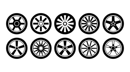 Collection of diverse car wheel designs in black and white