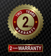 Round and rectangular emblems in gold color with the text two-year product warranty.