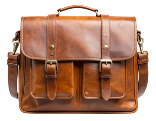  Classic Brown Leather Messenger Bag with Adjustable Strap Isolated on Transparent Background PNG