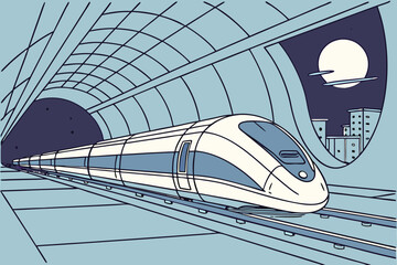 A futuristic bullet train speeding through a tunnel with a cityscape visible in the background at night
