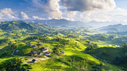 A breathtaking aerial view of lush green terraced hills under a partly cloudy sky, showcasing rural farmland and scattered houses in a vibrant mountainous landscape.