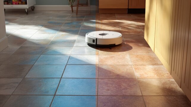 Robotic vacuum cleaning in sunlit modern kitchen,Clean Your Floors Day