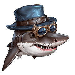 Shark character wearing a stylish hat and goggles floats in a whimsical underwater setting