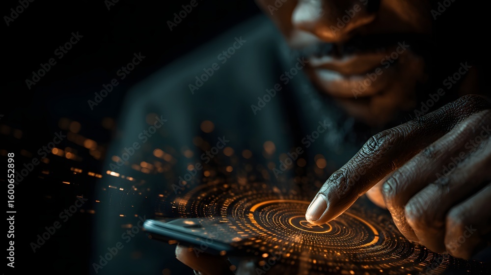 Poster man using phone with digital hologram, technology and connection concept