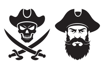 Simple black silhouette pirate with beard and classic jolly roger skull and crossbones flag design