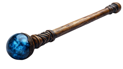 Fantasy wizard staff with twisted wooden handle and shining blue gem used for magic spells on transparent background