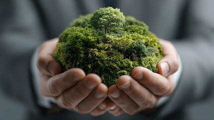 Sustainable Business: Hands Holding Moss-Covered Land with Tiny Tree