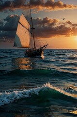 Sailing ship navigating through wavy ocean waters at sunset with dramatic clouds and birds
