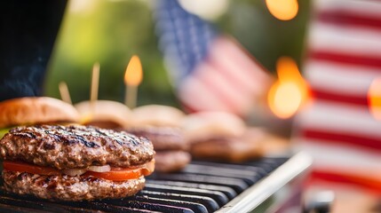 Fototapeta premium Burgers on a grill outdoors with a blurred background of red white and blue.