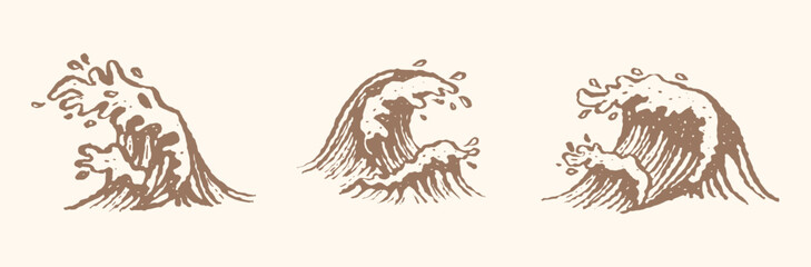 Collection of Ocean Wave Icon in Retro Vintage Style, Surfing, T-shirt, Poster, Nature Waves Coastal Element, Vector Illustration