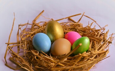 easter eggs in a nest, colorful eggs in basket 