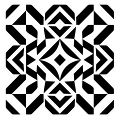 Intricate black and white geometric pattern design featuring layered shapes and forms