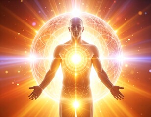 A radiant human figure stands centered before a glowing, spherical energy field, arms outstretched.