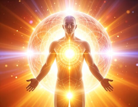 A radiant human figure stands centered before a glowing, spherical energy field, arms outstretched.