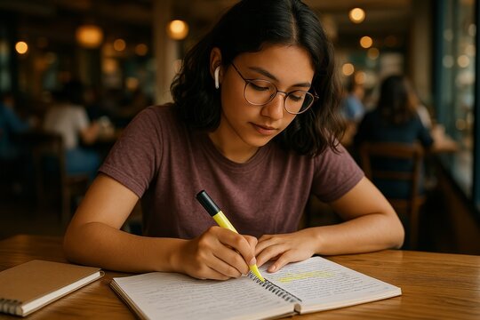 Young student studying and taking notes in a cafe during daytime - Powered by Adobe