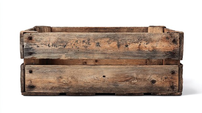 A weathered, rectangular wooden crate, showing age and wear with visible wood grain, nail heads, and staining; empty and isolated on a white background