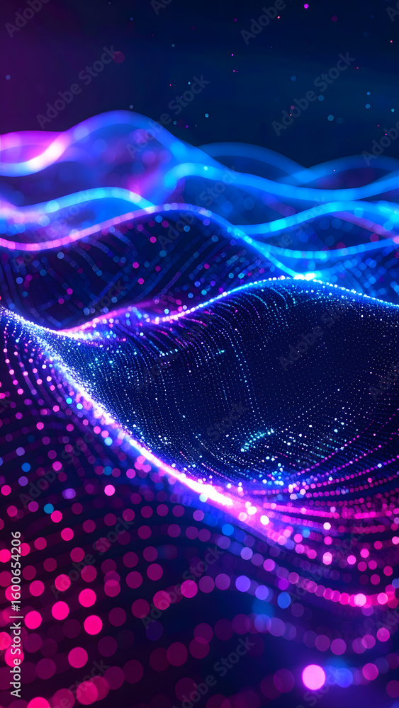 Poster digital particles form glowing blue and pink waves on a dark background, representing abstract data 