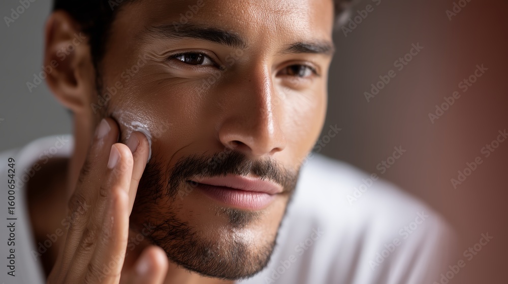 Poster man applying face cream while looking in the mirror in a bright indoor setting