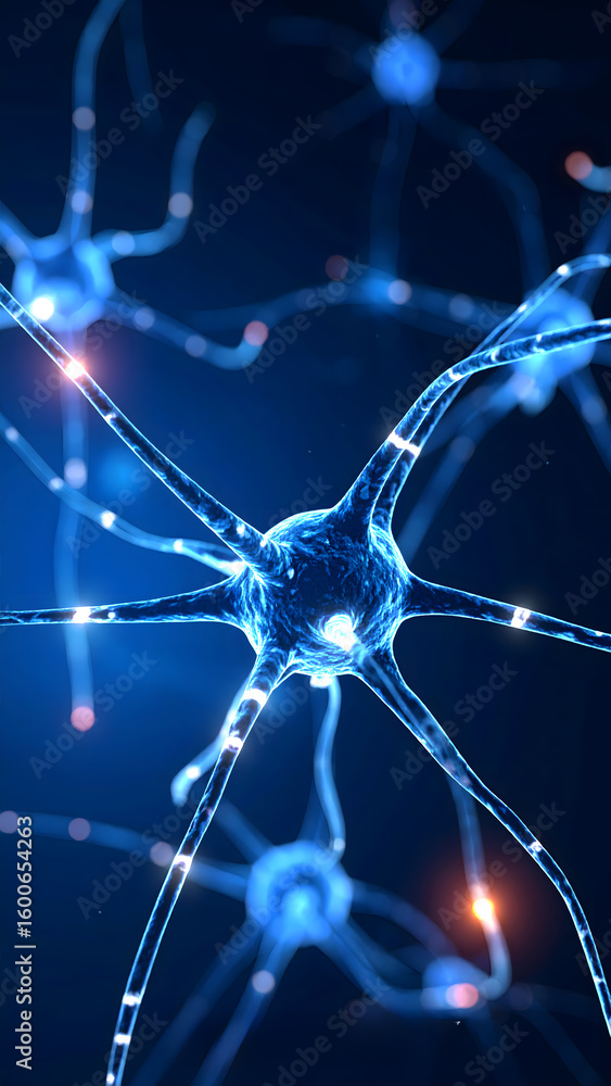 Poster a cluster of glowing blue neurons with intricate dendrites and axons illuminates a dark background, 