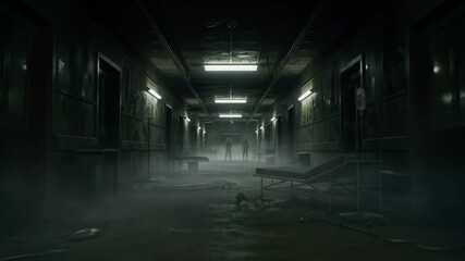 Dark abandoned hospital corridor with broken furniture and foggy atmosphere - Powered by Adobe