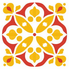 Colorful floral pattern design featuring red and yellow shapes on a white background