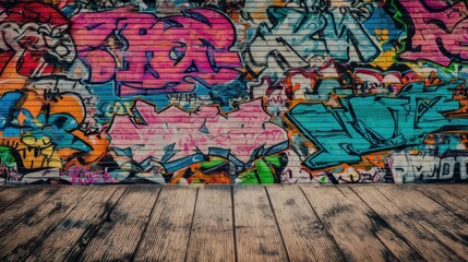 Fototapeta premium Graffiti covered brick wall and wooden floor.