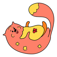 Cute fat fluffy cat in flowers lies on his stomach and gently plays with a butterfly that sits on his stomach