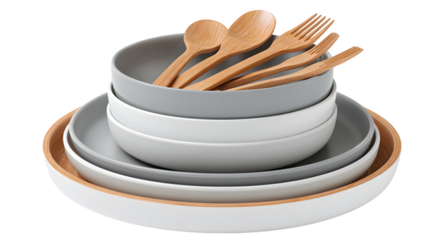 Modern Grey and White Dishware Set with Wooden Cutlery isolated on transparent white background - Powered by Adobe