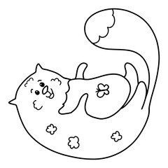 Cute fat fluffy cat in flowers lies on his stomach and gently plays with a butterfly that sits on his stomach, black outline