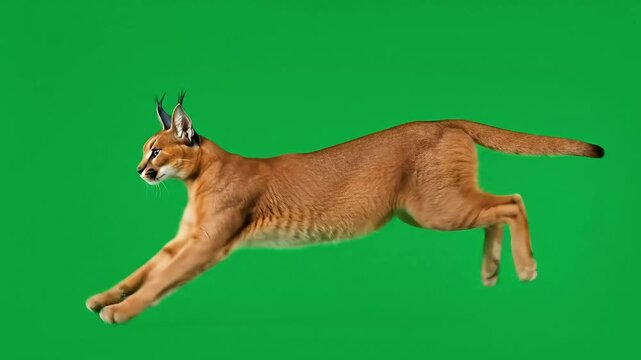 A caracal in midair leaps against a vibrant green background It appears suspended as it runs