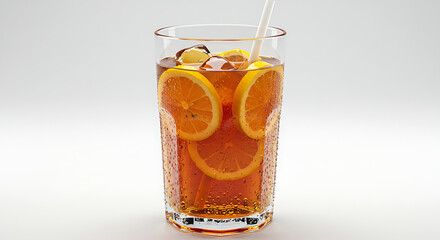 A transparent glass filled with iced tea and lemon slices, with condensation on the glass and a paper straw, isolated on white background